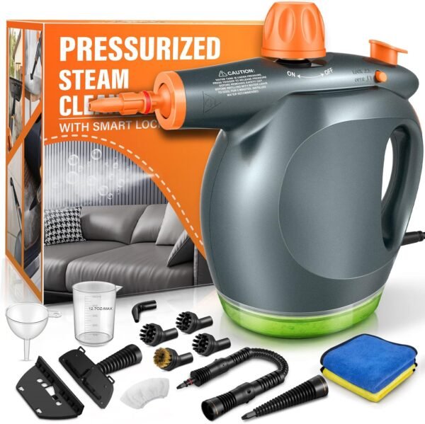 1250W Powerful Handheld Steam Cleaner with Detergent Container and Safety Lock  Multifunctional and Pressurized Hand Held Steamer for Kitchen  Bathroom  Windows and Floors  Steamer for Cleaning