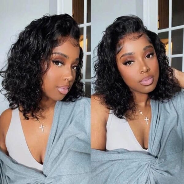 14 Inch Short Bob Wigs 13×4 Deep Wave Bob Wig Human Hair 180% Density Deep Curly 100% Virgin Human Hair Pre Plucked Wet and Wavy Glueless Transparent Lace Frontal Wig for Women Natural Hairline - Image 8