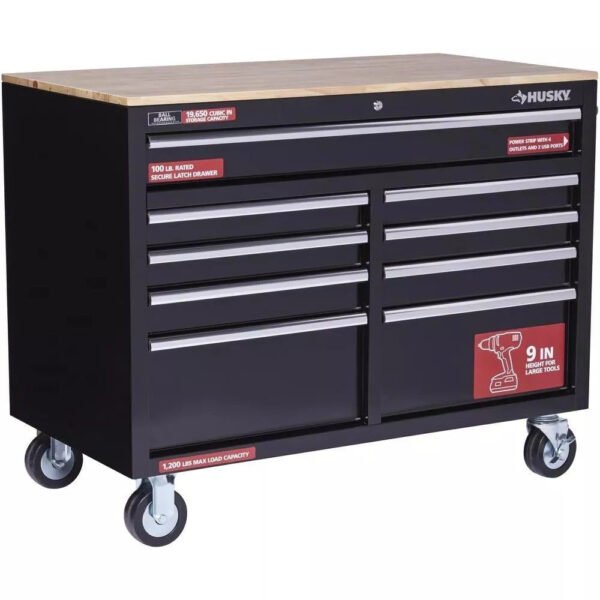 46 in. W x 24 in. D 9-Drawer Gloss Black Deep Tool Chest Mobile Workbench - Image 7