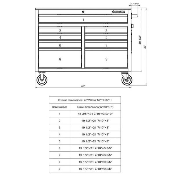 46 in. W x 24 in. D 9-Drawer Gloss Black Deep Tool Chest Mobile Workbench - Image 9
