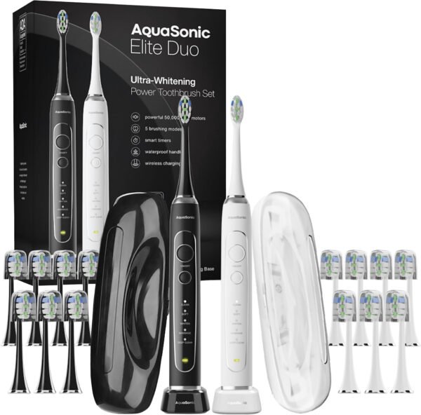 AquaSonic – Elite Duo – Rechargeable Electric Toothbrush Set – 2 Brushes, 16 Brush Heads, Wireless, Travel Cases – White and Black