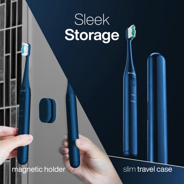 AquaSonic – Icon –  Ultra-Slim Electric Toothbrush with Travel Case, Magnetic Holder, Battery Operated – Navy - Image 7
