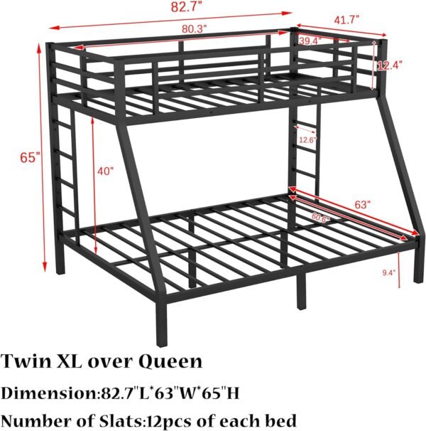 Bellemave Twin XL Over Queen Metal Bunk Bed for Kids Heavy-Duty Bunk Bed with 2 Ladders Space-Saving Bunk Bed for Teens/Adults Noise-Free Black - Image 3