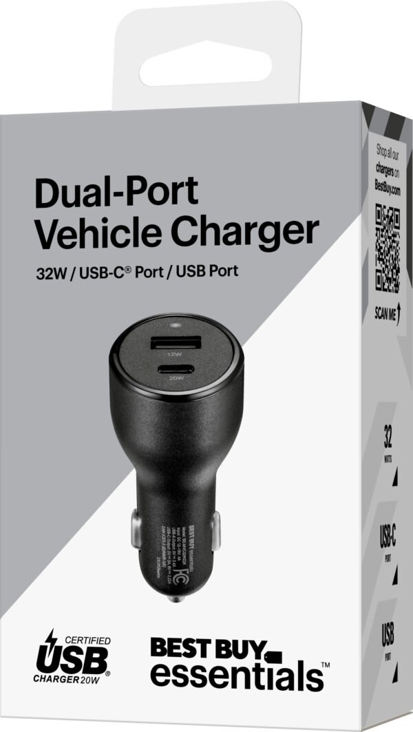 Best Buy essentialsTM – 32 W Vehicle Charger with 1 USB-C & 1 USB Port – Black - Image 9