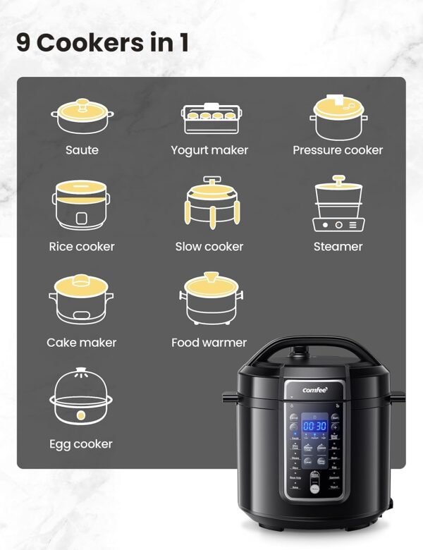 COMFEE’ 9-in-1 Electric Pressure Cooker 14 Presets Instant Multi Cooker Olla de Presion Non-Stick Pot Yogurt Maker Rice Cooker Slow Cooker Sauté Steamer 6 Quarts Black  Aluminum - Image 7