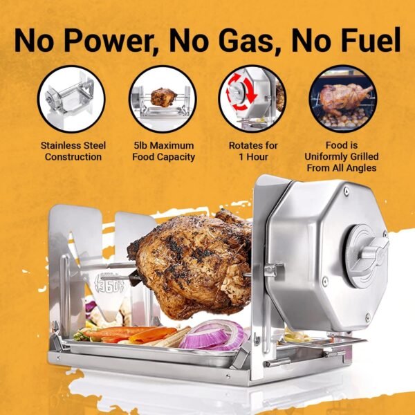 Cordless Rotisserie Kit for Grills  Ovens  Smokers – Stainless Steel – Non-Electric Spit Roaster – Gas/Charcoal BBQ – Kamado Joe Green Egg Kettle – Indoor/Outdoor - Image 3