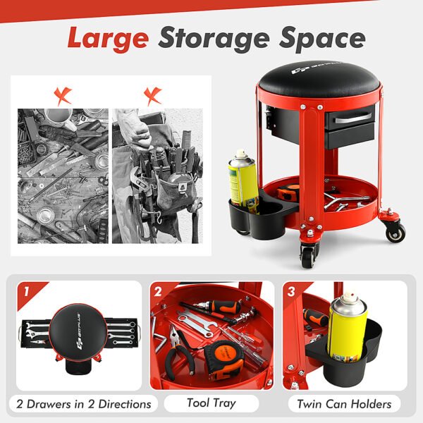Costway – Goplus Workshop Creeper Seat Rolling Mechanic Stool with2 Drawers 330 LBS Weight Capacity – Black/Red - Image 9