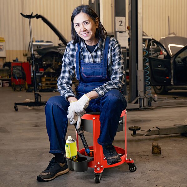 Costway – Goplus Workshop Creeper Seat Rolling Mechanic Stool with2 Drawers 330 LBS Weight Capacity – Black/Red - Image 5