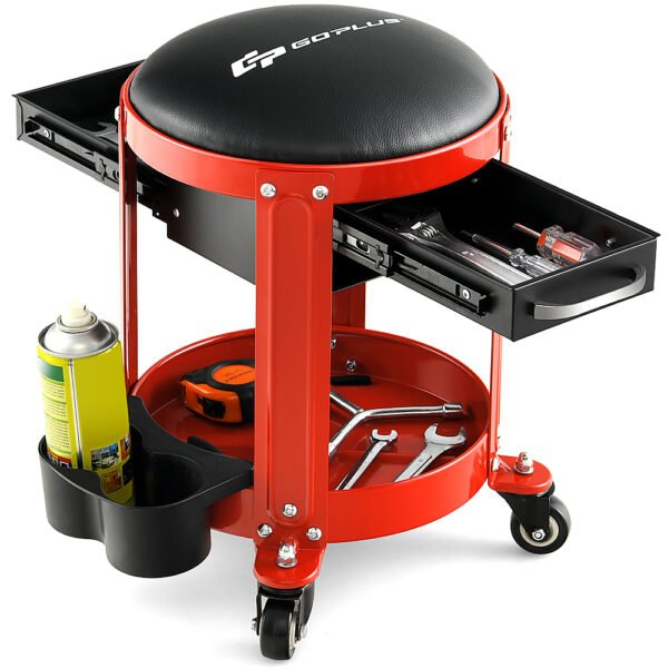 Costway – Goplus Workshop Creeper Seat Rolling Mechanic Stool with2 Drawers 330 LBS Weight Capacity – Black/Red