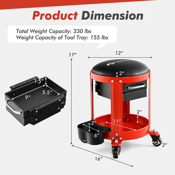 Costway – Goplus Workshop Creeper Seat Rolling Mechanic Stool with2 Drawers 330 LBS Weight Capacity – Black/Red - Image 7