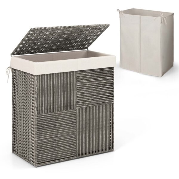 Costway Hand-woven Rattan Laundry Hamper with Lid Removable Liner Bag 29-Gallon 2-Section – Grey