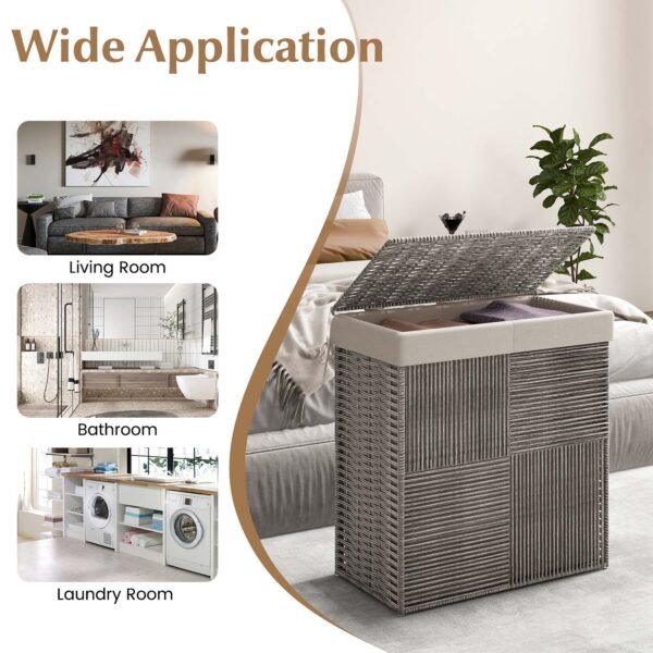 Costway Hand-woven Rattan Laundry Hamper with Lid Removable Liner Bag 29-Gallon 2-Section – Grey - Image 9