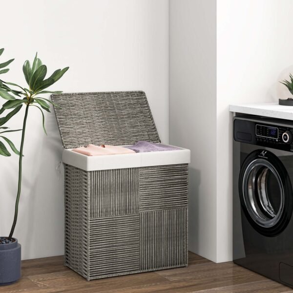 Costway Hand-woven Rattan Laundry Hamper with Lid Removable Liner Bag 29-Gallon 2-Section – Grey - Image 3