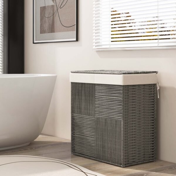 Costway Hand-woven Rattan Laundry Hamper with Lid Removable Liner Bag 29-Gallon 2-Section – Grey - Image 7