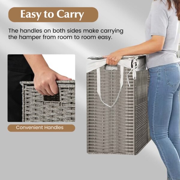 Costway Hand-woven Rattan Laundry Hamper with Lid Removable Liner Bag 29-Gallon 2-Section – Grey - Image 11