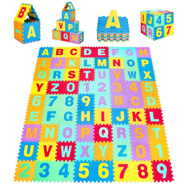 Costway Kids Foam Interlocking Puzzle Play Mat w/Alphabet & Numbers 72-Piece Set – Multi-Color