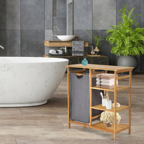Costway Laundry Hamper Basket Table Bamboo w/Storage Shelves and Sliding Bag – Natural - Image 7