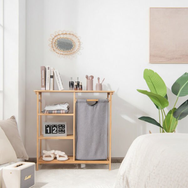 Costway Laundry Hamper Basket Table Bamboo w/Storage Shelves and Sliding Bag – Natural - Image 11