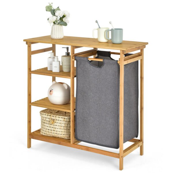 Costway Laundry Hamper Basket Table Bamboo w/Storage Shelves and Sliding Bag – Natural