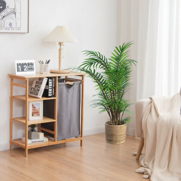 Costway Laundry Hamper Basket Table Bamboo w/Storage Shelves and Sliding Bag – Natural - Image 9