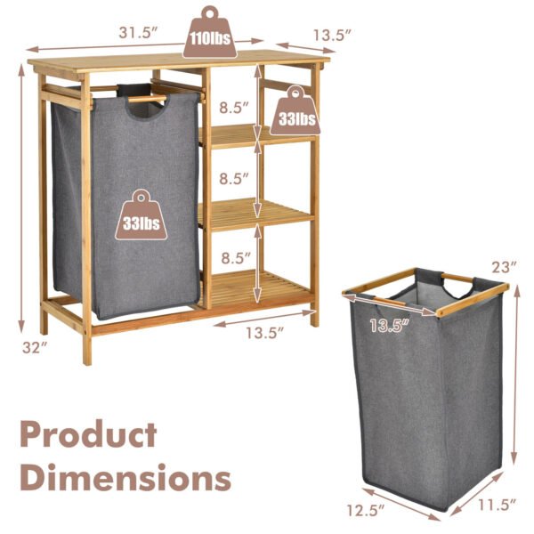 Costway Laundry Hamper Basket Table Bamboo w/Storage Shelves and Sliding Bag – Natural - Image 5