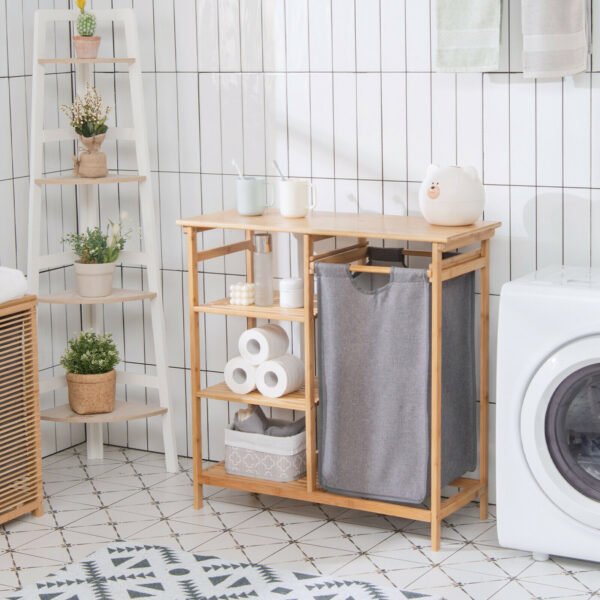 Costway Laundry Hamper Basket Table Bamboo w/Storage Shelves and Sliding Bag – Natural - Image 3