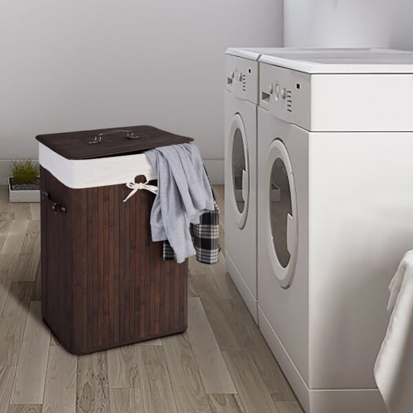 Costway Rectangle Bamboo Hamper Laundry Basket Washing Cloth Bin Lid Brown – Deep Brown/White - Image 5