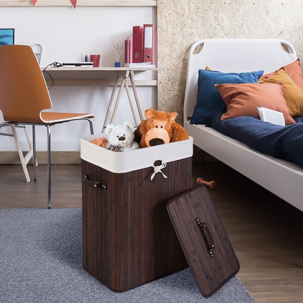 Costway Rectangle Bamboo Hamper Laundry Basket Washing Cloth Bin Lid Brown – Deep Brown/White - Image 9