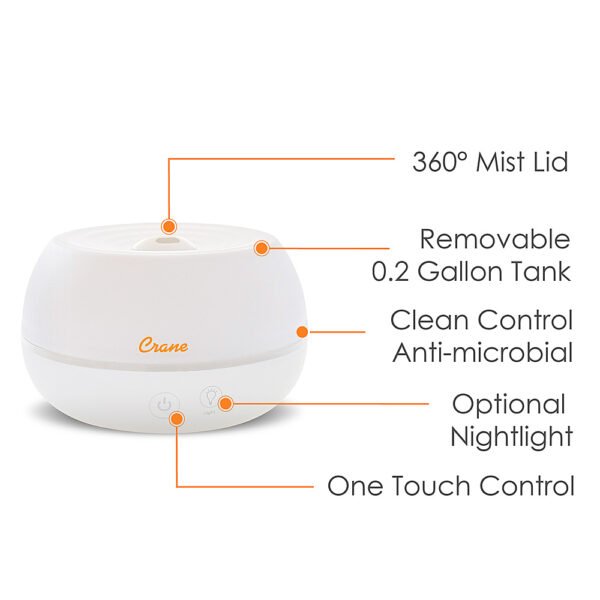 CRANE – 0.2 Gal. 2-in-1 Ultrasonic Cool Mist Humidifer & Aroma Diffuser – White - Image 5