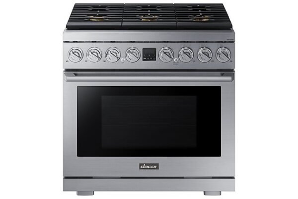 Dacor – Transitional 6.3 Cu. Ft. Freestanding Dual Fuel Four Part Convection Range with GreenClean and Steam Assist – Silver Stainless Steel