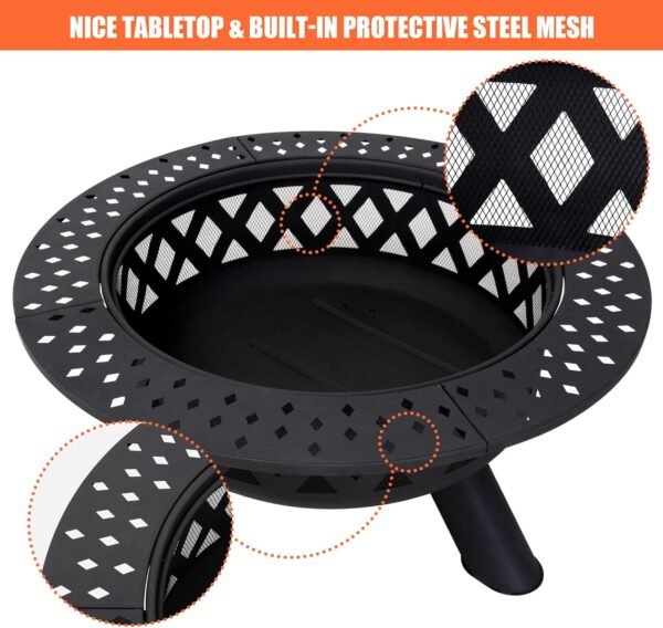 SUNCREAT 42¡± Patio Fire Pit Wood Burning with Mesh Spark Screen, Bonfire Outdoor firepit with Fireplace Poker, Black - Image 79