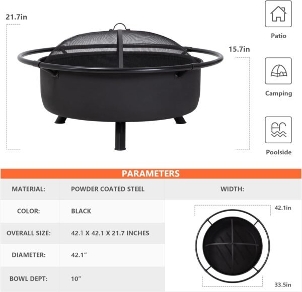 SUNCREAT 42¡± Patio Fire Pit Wood Burning with Mesh Spark Screen, Bonfire Outdoor firepit with Fireplace Poker, Black - Image 46