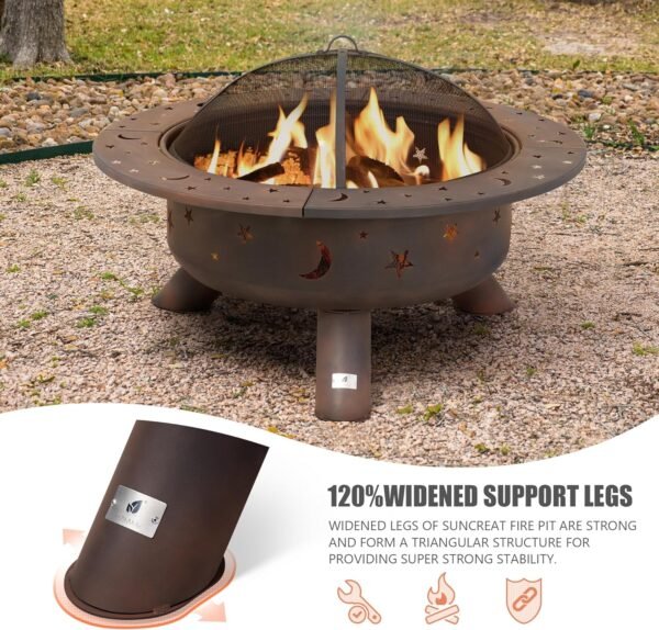 SUNCREAT 42¡± Patio Fire Pit Wood Burning with Mesh Spark Screen, Bonfire Outdoor firepit with Fireplace Poker, Black - Image 57