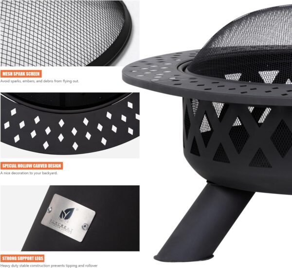 SUNCREAT 42¡± Patio Fire Pit Wood Burning with Mesh Spark Screen, Bonfire Outdoor firepit with Fireplace Poker, Black - Image 80