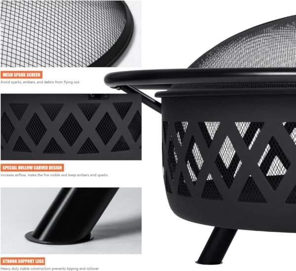 SUNCREAT 42¡± Patio Fire Pit Wood Burning with Mesh Spark Screen, Bonfire Outdoor firepit with Fireplace Poker, Black - Image 64
