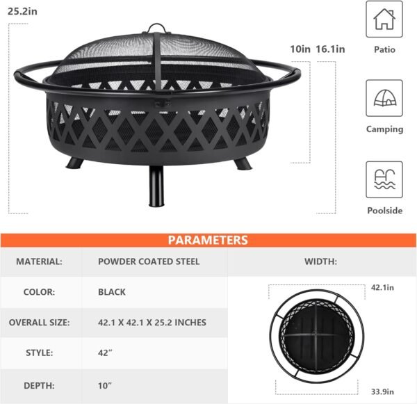 SUNCREAT 42¡± Patio Fire Pit Wood Burning with Mesh Spark Screen, Bonfire Outdoor firepit with Fireplace Poker, Black - Image 68