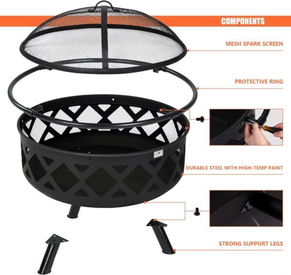 SUNCREAT 42¡± Patio Fire Pit Wood Burning with Mesh Spark Screen, Bonfire Outdoor firepit with Fireplace Poker, Black - Image 73
