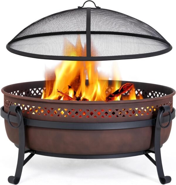 SUNCREAT 42¡± Patio Fire Pit Wood Burning with Mesh Spark Screen, Bonfire Outdoor firepit with Fireplace Poker, Black - Image 49