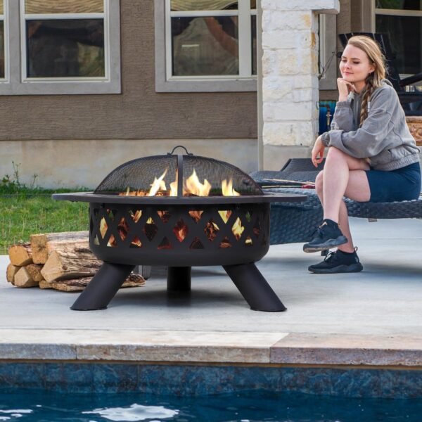 SUNCREAT 42¡± Patio Fire Pit Wood Burning with Mesh Spark Screen, Bonfire Outdoor firepit with Fireplace Poker, Black - Image 77