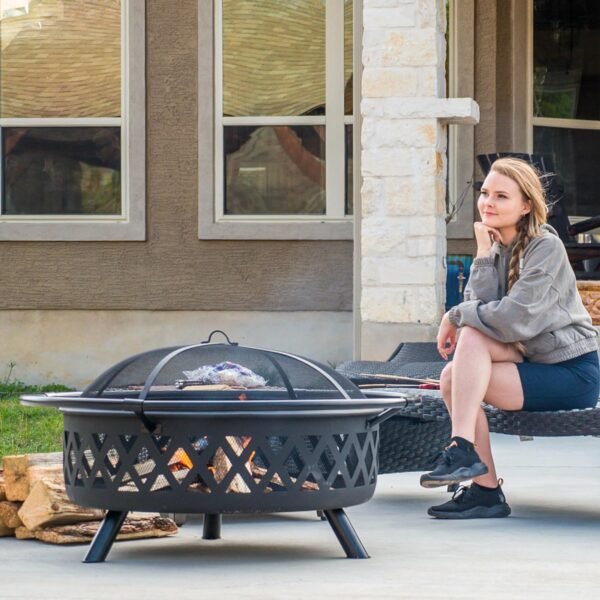 SUNCREAT 42¡± Patio Fire Pit Wood Burning with Mesh Spark Screen, Bonfire Outdoor firepit with Fireplace Poker, Black - Image 63