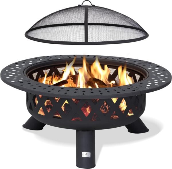 SUNCREAT 42¡± Patio Fire Pit Wood Burning with Mesh Spark Screen, Bonfire Outdoor firepit with Fireplace Poker, Black - Image 76