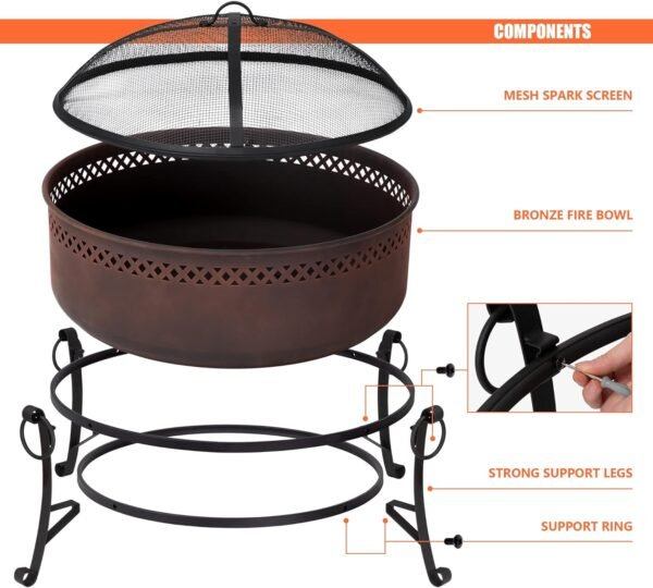 SUNCREAT 42¡± Patio Fire Pit Wood Burning with Mesh Spark Screen, Bonfire Outdoor firepit with Fireplace Poker, Black - Image 52
