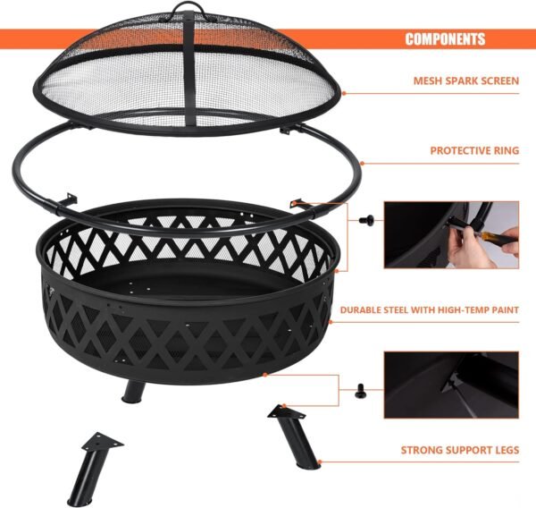 SUNCREAT 42¡± Patio Fire Pit Wood Burning with Mesh Spark Screen, Bonfire Outdoor firepit with Fireplace Poker, Black - Image 66