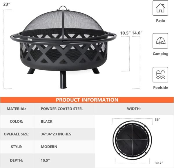 SUNCREAT 42¡± Patio Fire Pit Wood Burning with Mesh Spark Screen, Bonfire Outdoor firepit with Fireplace Poker, Black - Image 74