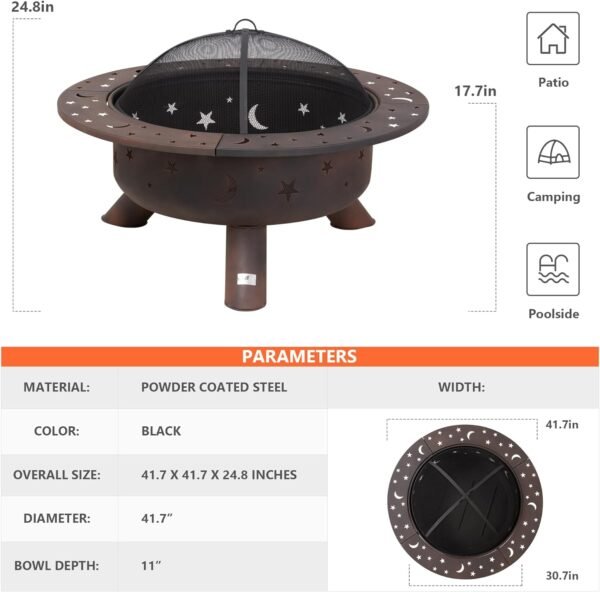 SUNCREAT 42¡± Patio Fire Pit Wood Burning with Mesh Spark Screen, Bonfire Outdoor firepit with Fireplace Poker, Black - Image 60