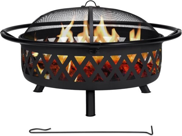 SUNCREAT 42¡± Patio Fire Pit Wood Burning with Mesh Spark Screen, Bonfire Outdoor firepit with Fireplace Poker, Black - Image 62