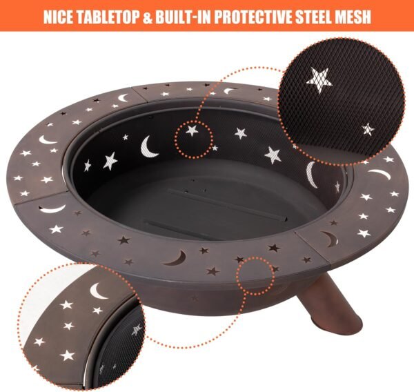 SUNCREAT 42¡± Patio Fire Pit Wood Burning with Mesh Spark Screen, Bonfire Outdoor firepit with Fireplace Poker, Black - Image 59