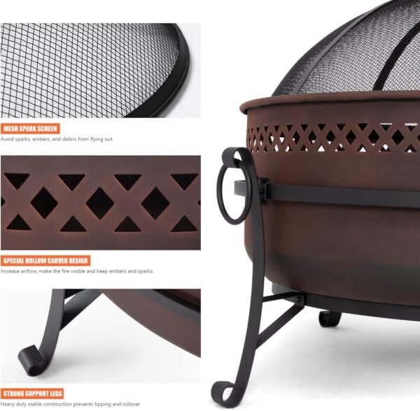 SUNCREAT 42¡± Patio Fire Pit Wood Burning with Mesh Spark Screen, Bonfire Outdoor firepit with Fireplace Poker, Black - Image 51