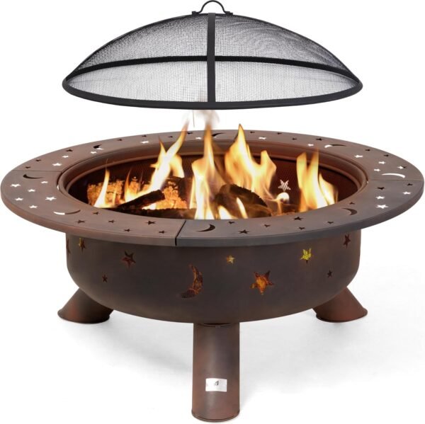 SUNCREAT 42¡± Patio Fire Pit Wood Burning with Mesh Spark Screen, Bonfire Outdoor firepit with Fireplace Poker, Black - Image 55
