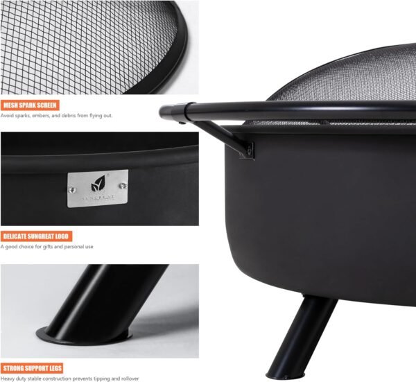 SUNCREAT 42¡± Patio Fire Pit Wood Burning with Mesh Spark Screen, Bonfire Outdoor firepit with Fireplace Poker, Black - Image 44
